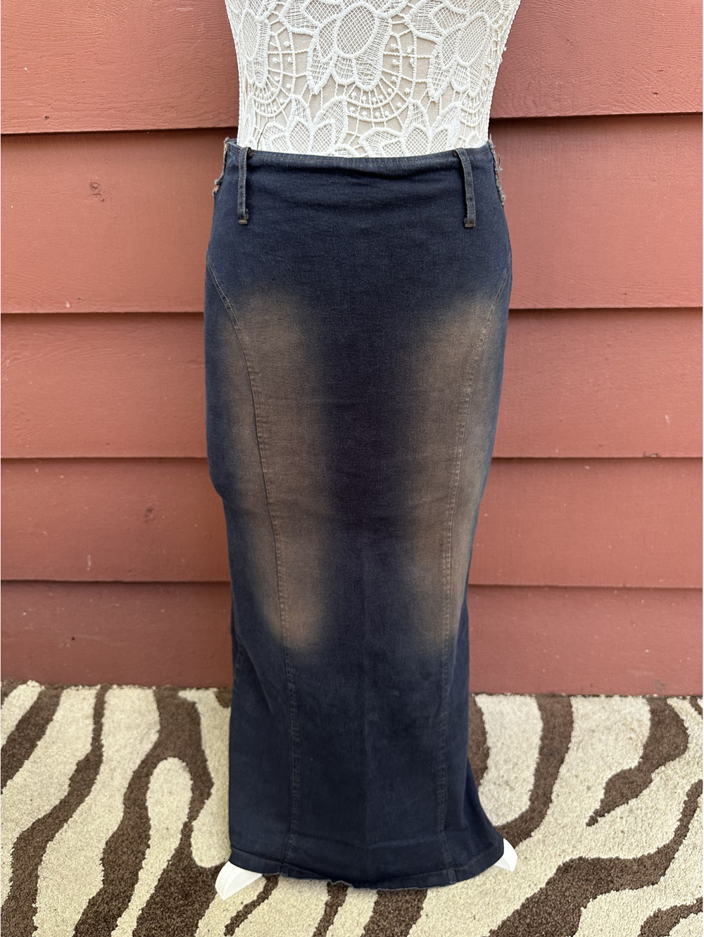 MOA Long Distressed Denim Skirt Dark Wash with Brown Copper Accents